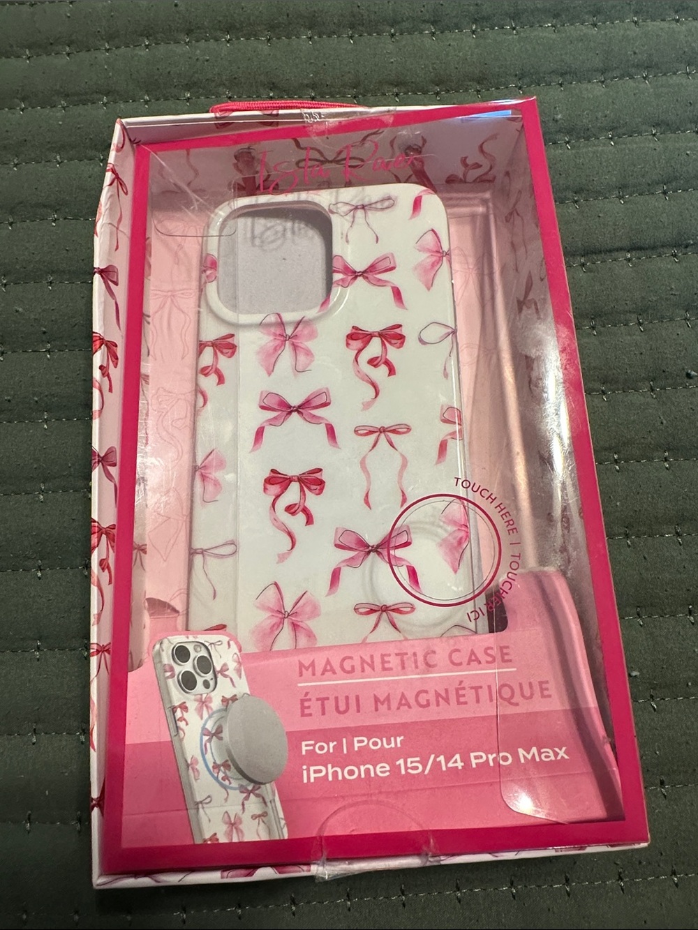 White Phone Case with Pink Bow Pattern— Magnetic Case for iPhone 15/14 Pro Max.